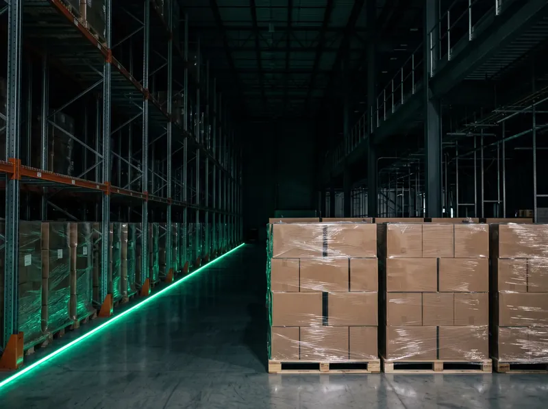 Shrink-wrapped pallets in a dark distribution warehouse, a green light strip along the aisle.