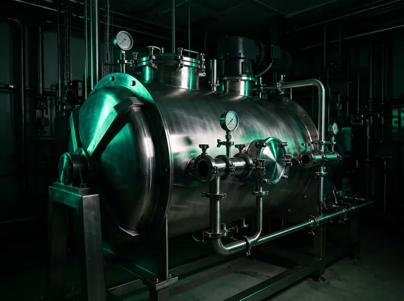 A stainless steel blending vessel in a darkened production room, lit green.