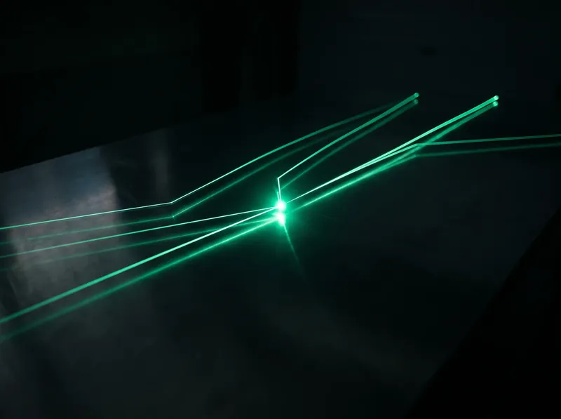 An abstract composition of thin green light trails converging on a dark surface.